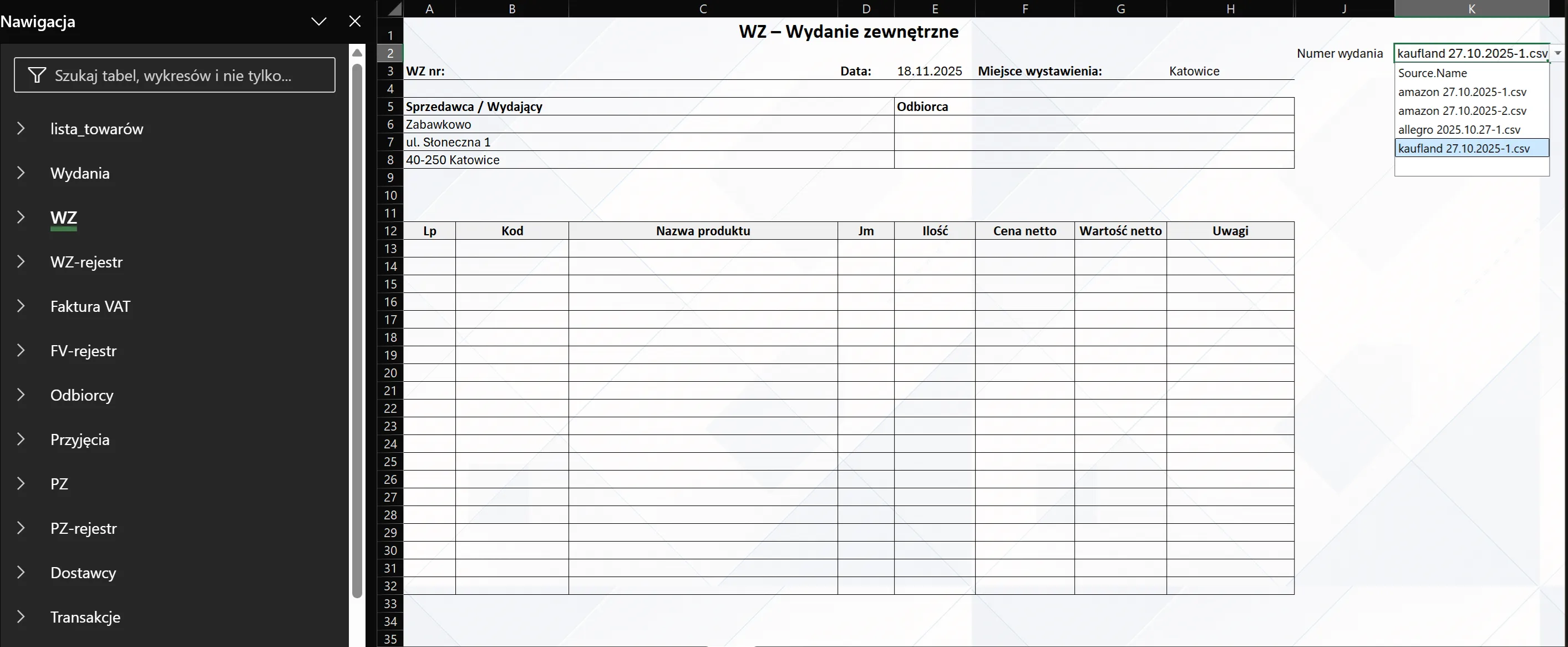 Szablon WZ - Wydanie zewnętrzne